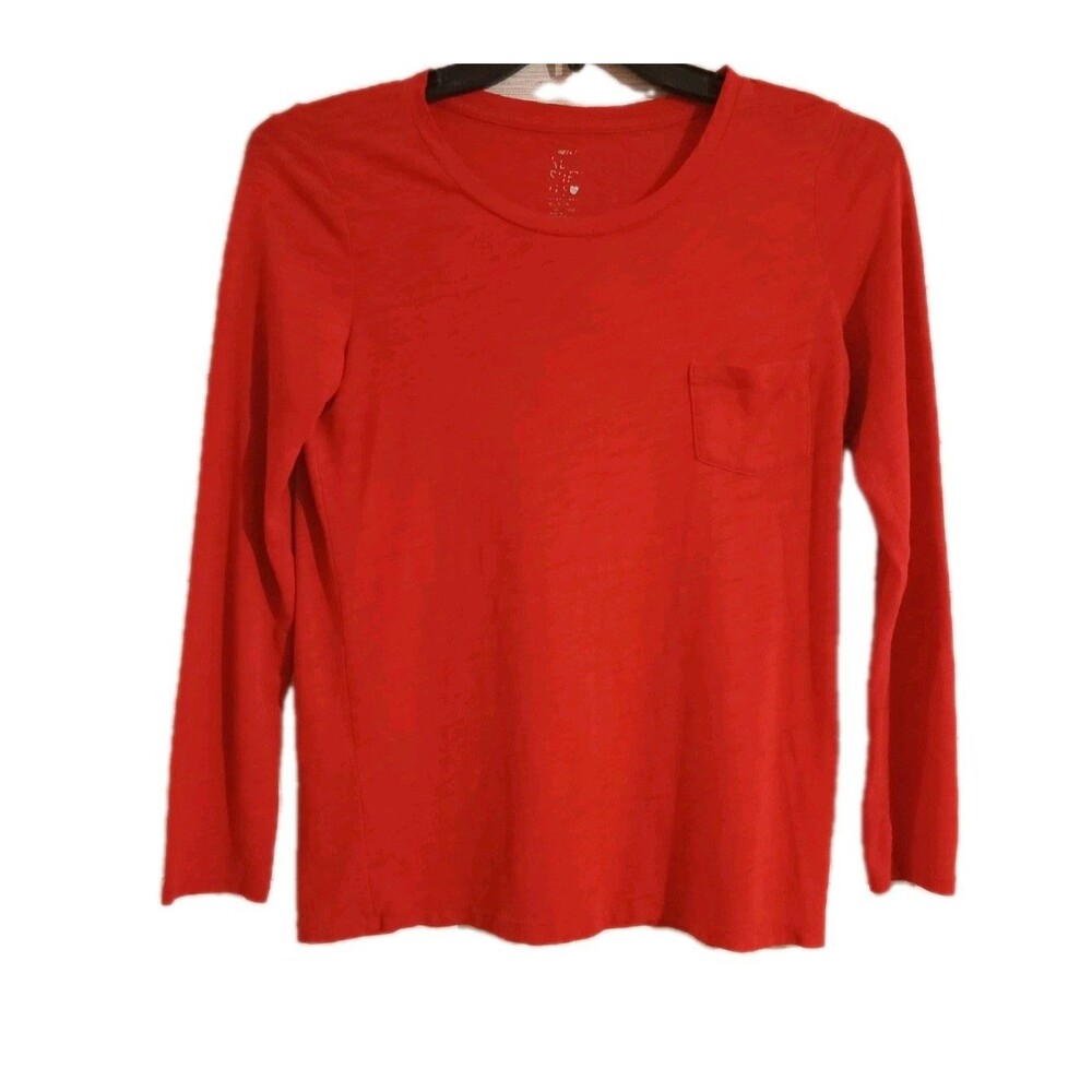 Aerie  T-Shirt Long Sleeve  Size Small Red Soft Solid Top Shirt Tee Front Pocket